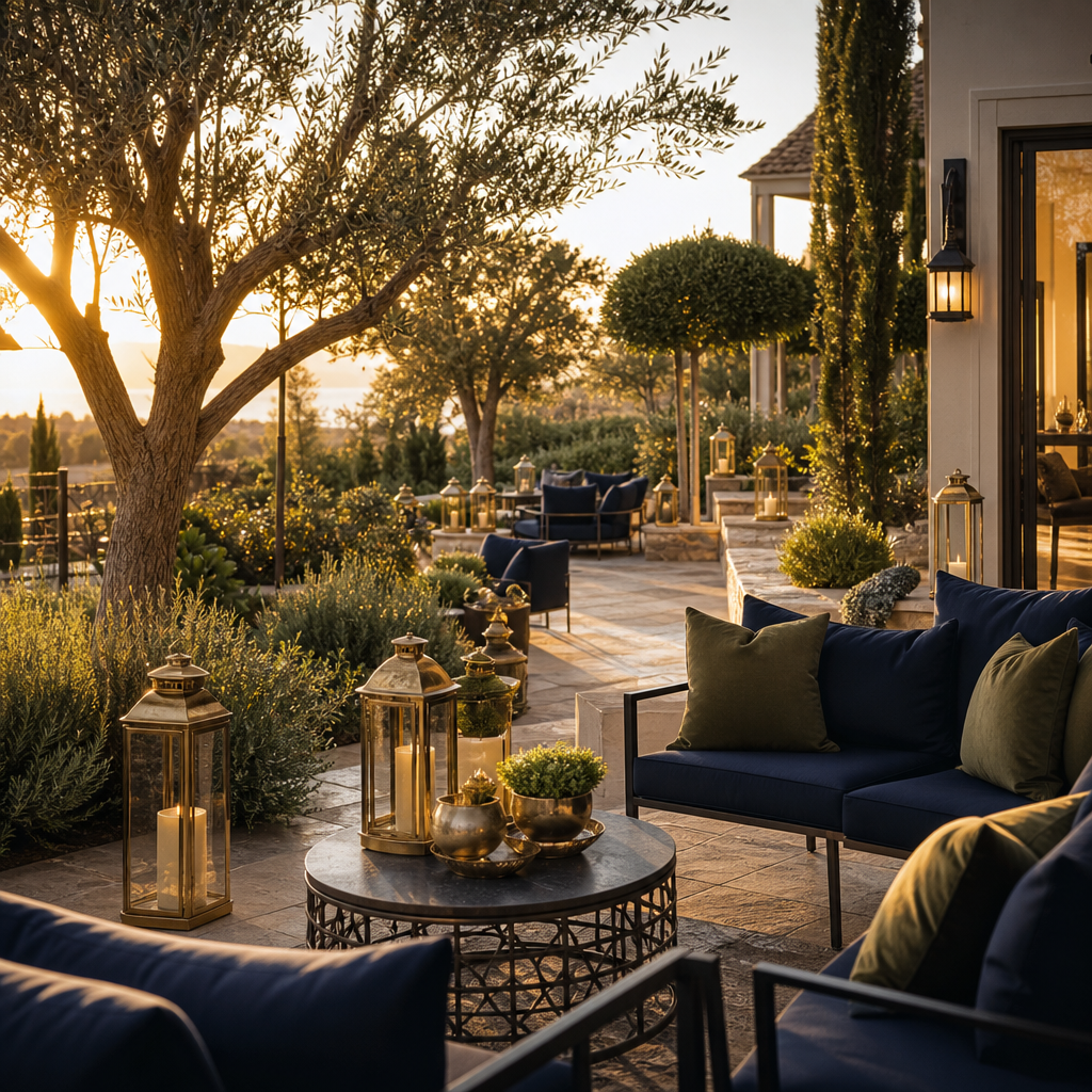 Resort garden terrace at golden hour